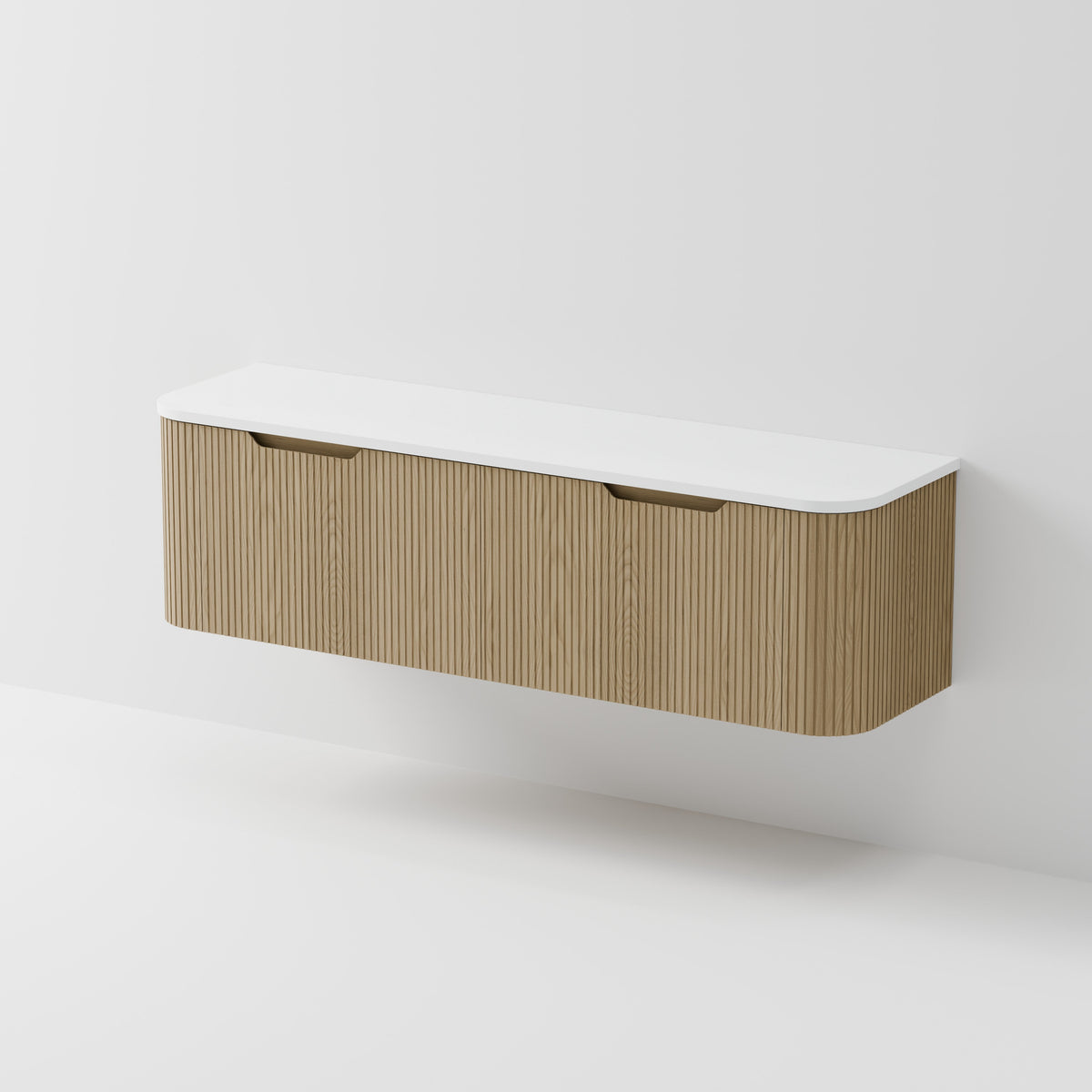 Sora 1800DB curved wall hung vanity with grooved ash drawers and concrete slab top