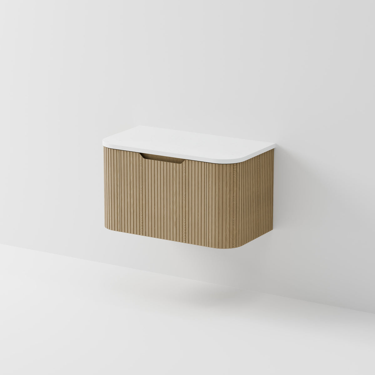 Sora 900 curved wall hung vanity with grooved drawer and concrete slab top