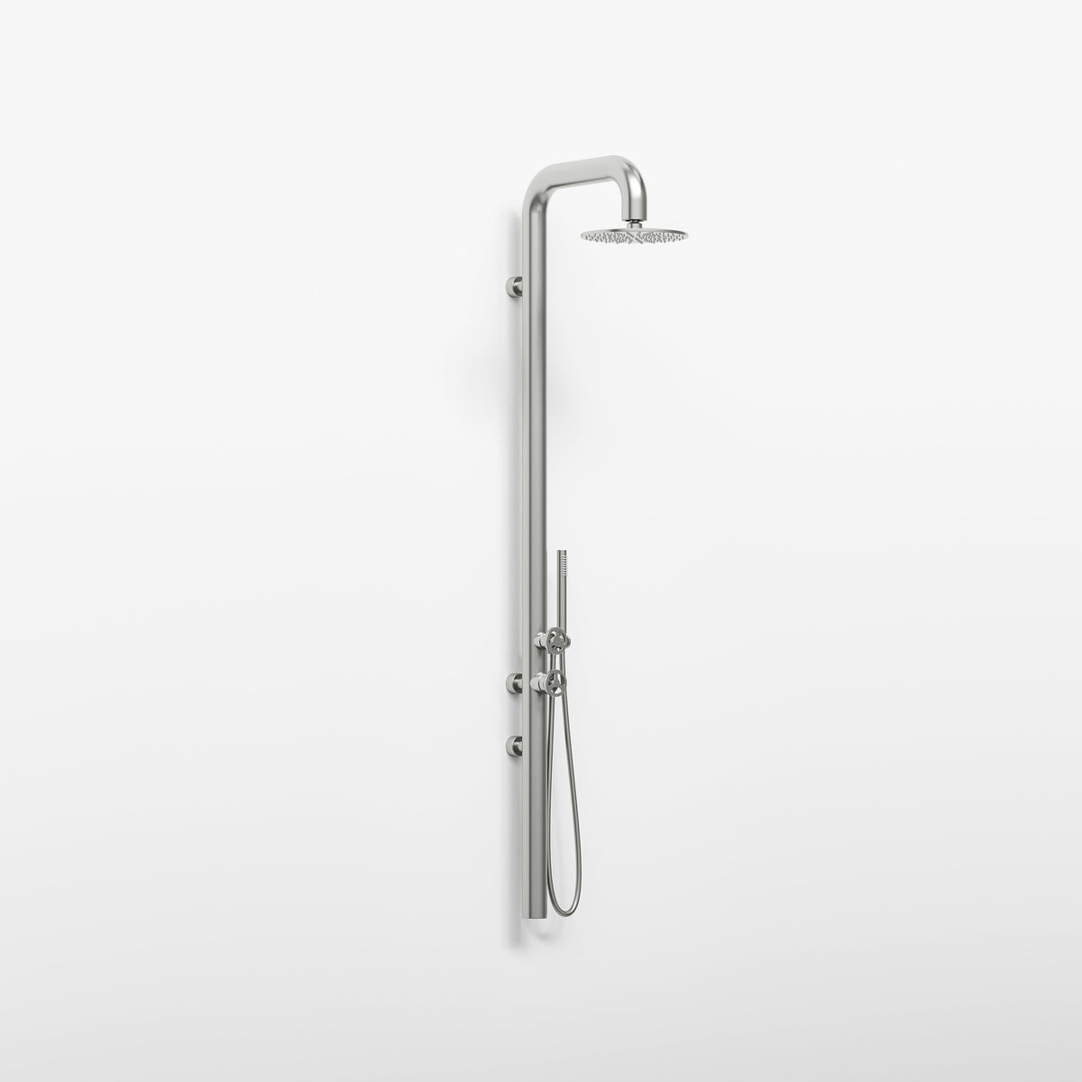 Tasman wall mounted outdoor shower in stainless steel with rainhead, mixer and hand shower