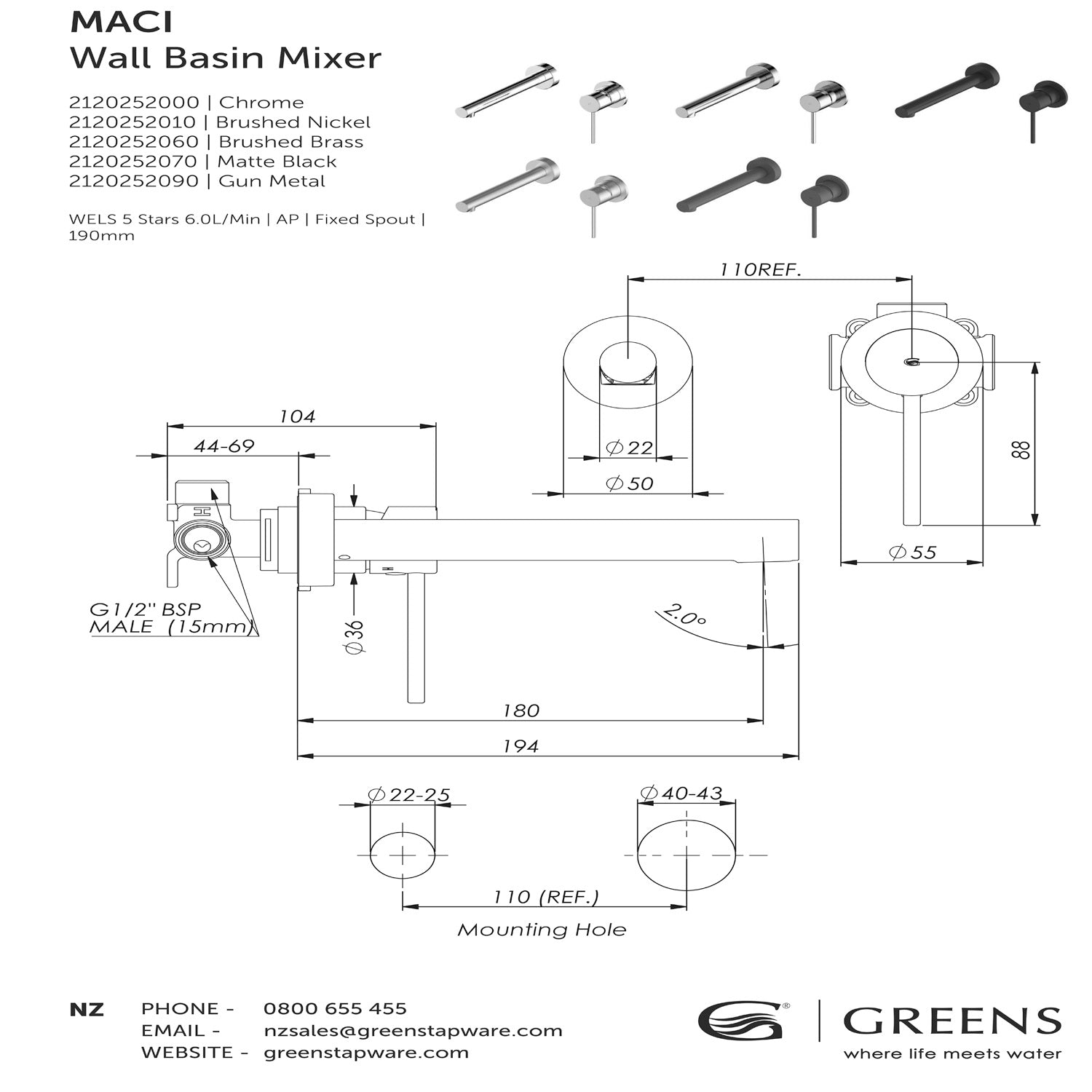 GREENS MACI WALL BASIN MIXER - 5 COLOURS