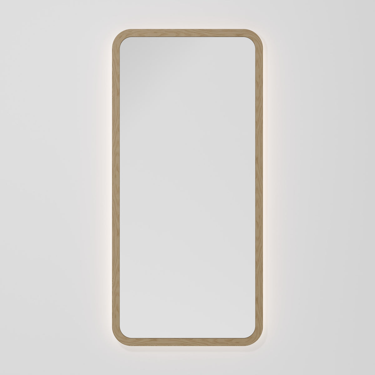 Sora 500x1050mm rectangle LED mirror with solid ash timber frame and back-lighting