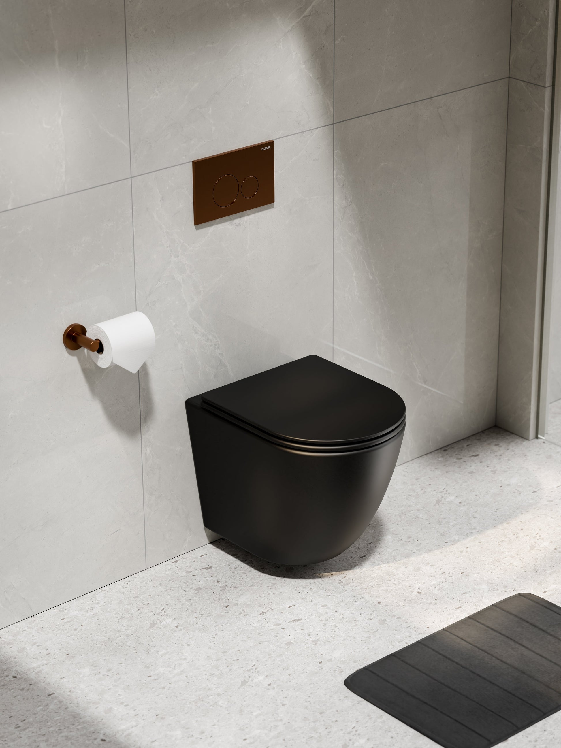 CODE FLOW TYPHOON WALL HUNG TOILET SUITE | BRUSHED COPPER BUTTON