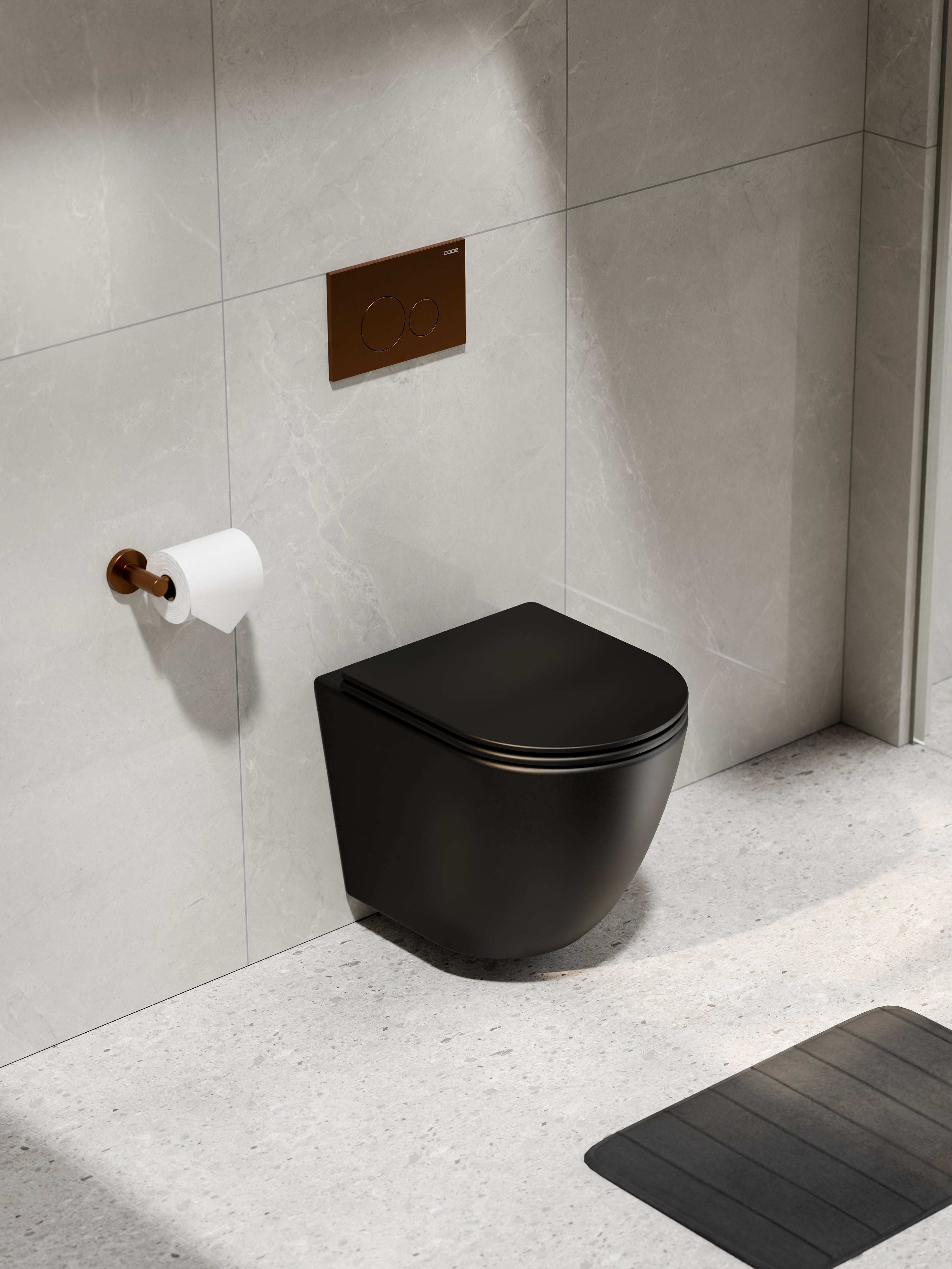 CODE FLOW TYPHOON WALL HUNG TOILET SUITE | BRUSHED COPPER BUTTON